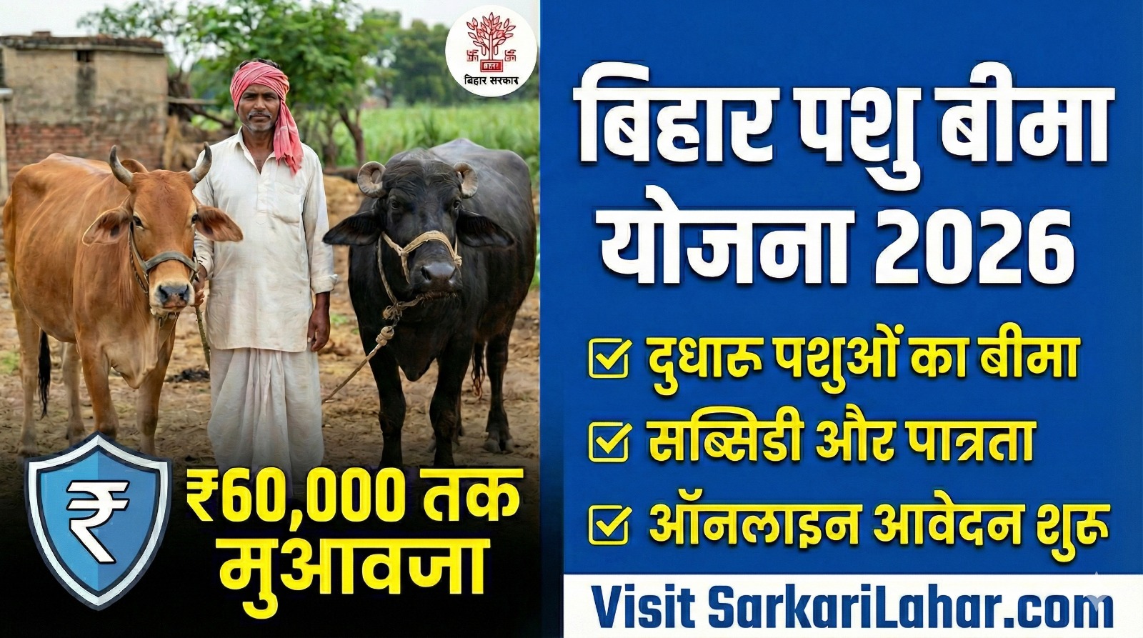 Bihar Pashu Bima Yojana 2026: पशुओं का ₹60,000 का फ्री बीमा, जानें पात्रता, सब्सिडी और ऑनलाइन आवेदन की पूरी जानकारी, Sarkari Lahar