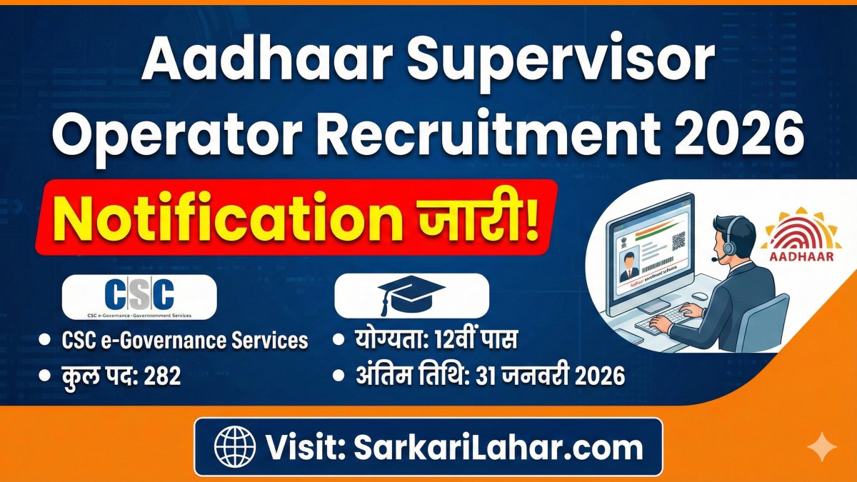 Aadhaar Supervisor Operator Recruitment 2026 Notification जारी! CSC e-Governance Services ने 282 पदों पर आवेदन मांगे हैं।, Sarkari Lahar