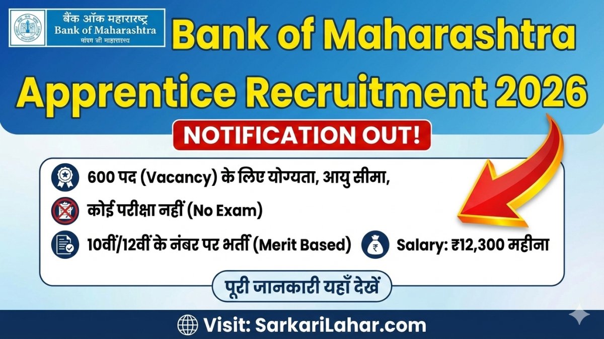Bank of Maharashtra Apprentice Recruitment 2026 Notification Out, Apply Online Form for 600 Posts, Sarkari Result, Sarkari Lahar