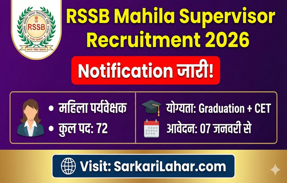 RSSB Mahila Supervisor Recruitment 2026 Notification जारी! महिला पर्यवेक्षक के 72 पदों पर भर्ती। आवेदन 07 जनवरी से शुरू, Sarkari Lahar