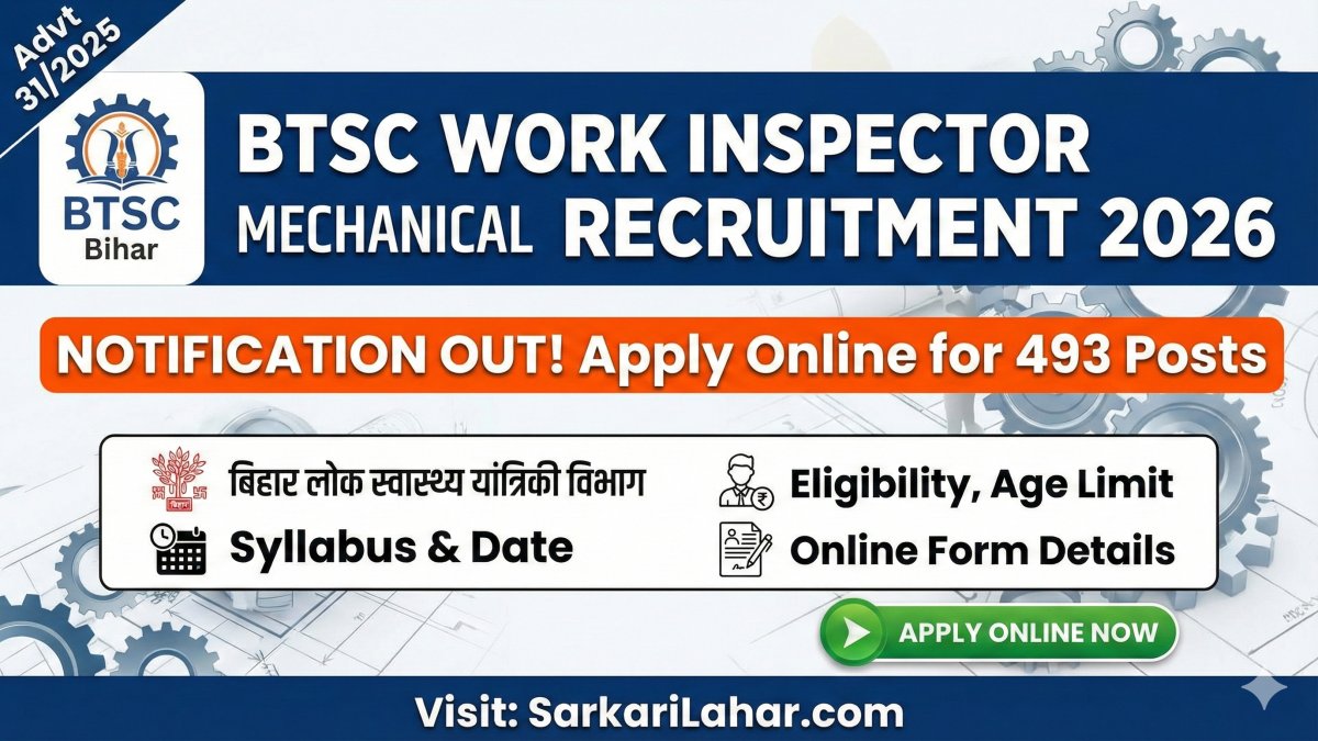 BTSC Work Inspector Mechanical Recruitment 2026: Apply Online for 493 Posts, Bihar Work Inspector Mechanical Vacancy 2026, Sarkari Lahar