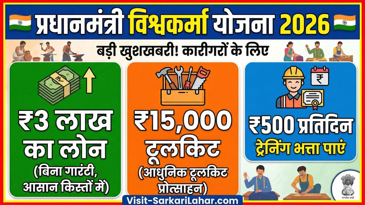 PM Vishwakarma Yojana 2026: विश्वकर्मा योजना के तहत बिना गारंटी ₹3 लाख का लोन, ₹15,000 टूलकिट और ₹500 प्रतिदिन ट्रेनिंग भत्ता पाएं, SarkariLahar.com , PM Vishwakarma Yojana 2026, PM Vishwakarma Scheme, प्रधानमंत्री विश्वकर्मा योजना 2026