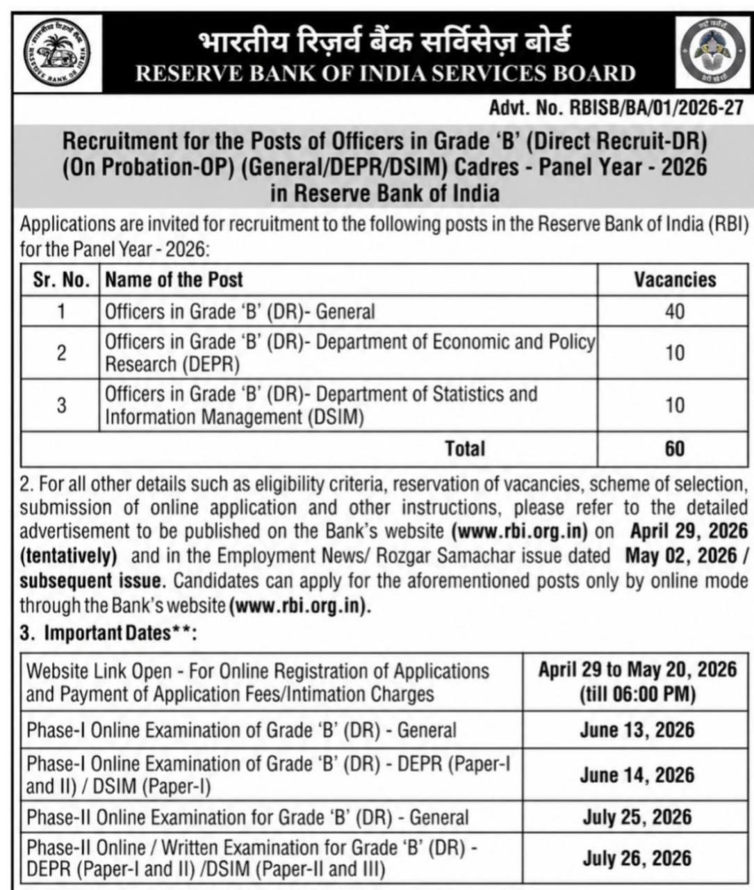  RBI Officers Grade B Recruitment 2026 के तहत 60 पदों पर बंपर भर्ती। RBI Officers Grade B Online Form 2026, योग्यता, आयु सीमा, परीक्षा पैटर्न और सिलेबस की पूरी जानकारी यहाँ पढ़ें।